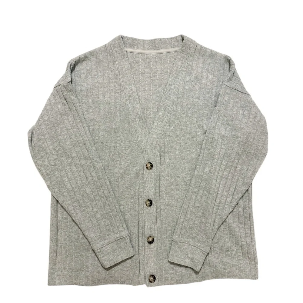 ALO Yoga Ribbed Take Comfort Cardigan - Athletic Heather Grey SZ XS